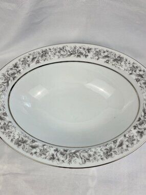 Style House Prestige Oval Serving Bowl 11 Inch Gray Flowers on Rim